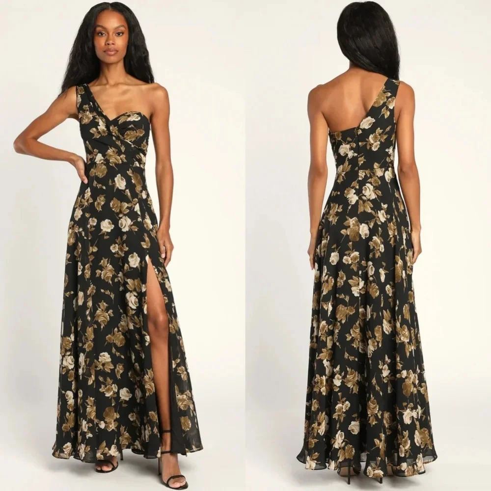 Lulus Fashionably Refined Black Floral Print One-Shoulder Maxi Dress Wedding